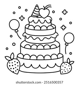 A line drawing of a multilayer cake with hearts, balloons, stars, strawberries and cherries.