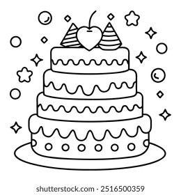 A line drawing of a multilayer cake with hearts, balloons, stars, strawberries and cherries.