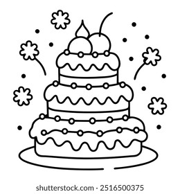 A line drawing of a multilayer cake with hearts, balloons, stars, strawberries and cherries.