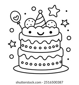 A line drawing of a multilayer cake with hearts, balloons, stars, strawberries and cherries.
