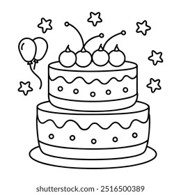 A line drawing of a multilayer cake with hearts, balloons, stars, strawberries and cherries.