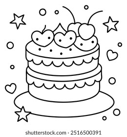 A line drawing of a multilayer cake with hearts, balloons, stars, strawberries and cherries.