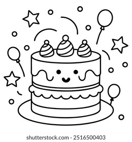 A line drawing of a multilayer cake with hearts, balloons, stars, strawberries and cherries.