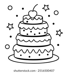 Um desenho em linha de um bolo multicamadas com corações, balões, estrelas, morangos e cerejas.