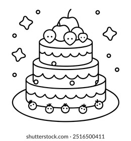 A line drawing of a multilayer cake with hearts, balloons, stars, strawberries and cherries.