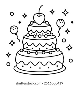 A line drawing of a multilayer cake with hearts, balloons, stars, strawberries and cherries.