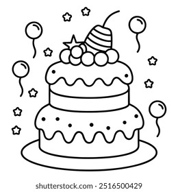 A line drawing of a multilayer cake with hearts, balloons, stars, strawberries and cherries.