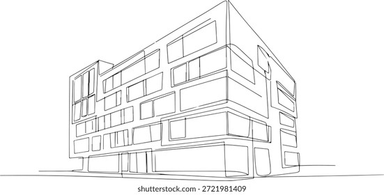 A line drawing of a multistory building with many windows and a flat roof