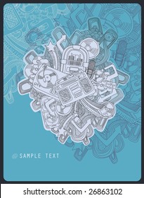 line drawing music composition with different music objects - vector -blue background with space for text