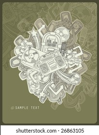 line drawing music composition with different music objects - vector -green background with space for text
