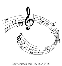 Desenho em linha de uma nota musical em um estilo minimalista e abstrato.  Conjunto de ícones de notas musicais, símbolo de notas musicais, onda de notas musicais