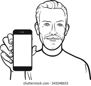 line drawing of a mustache senior man showing a mobile app on a smart phone