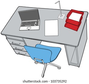 Line drawing of neat desktop scene with blank copyspace paper report  laptop office chair