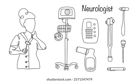 A line drawing of a neurologist and the main tools she uses in her doctor's office. A doctor who treats diseases of the nervous system. Vector illustration on a medical theme.