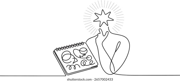 Un dibujo de línea de un cuaderno y una persona con una estrella sobre su cabeza que representa una idea