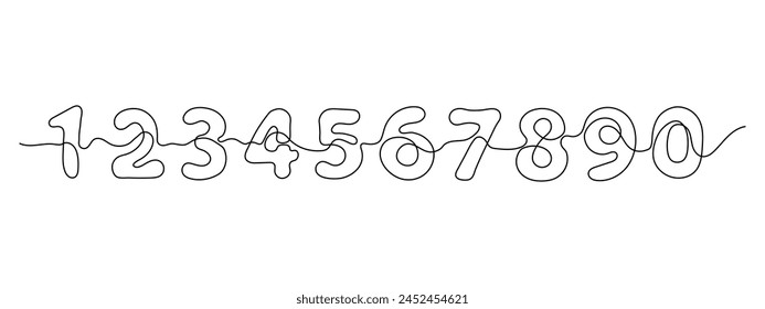 Line drawing of numbers on a white background. Set of numbers doodle single outline linear symbols, linear vector illustration