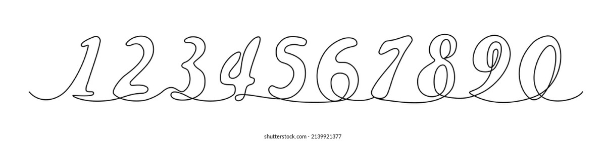 Line drawing numbers. Single draw number set, numeral line art, continuous monoline drawing icon, one outline lineart symbols, linear vector illustration