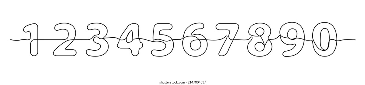 Line drawing numbers. Single draw number set, numeral line art, continuous monoline drawing icon, one outline lineart symbols, linear vector illustration