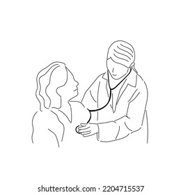 Line drawing of a nurse using a Stethoscope on a patient.