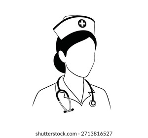 Dibujo lineal de la cabeza y los hombros de una enfermera con un estetoscopio y una gorra de enfermera