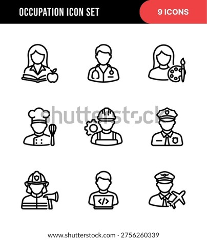 Line Drawing Occupation Icon Set with Different Professions Avatar Illustration