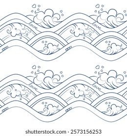 A line drawing of ocean waves adorned with heart motifs and the word "love". This design symbolizes the boundless nature of love. It represents a love as vast and deep as the ocean itself.