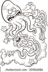 Line drawing of an octopus fighting a couple of jellyfish. Vector illustration perfect for coloring.