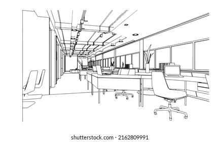 line drawing of office area,Modern design,3d rendering