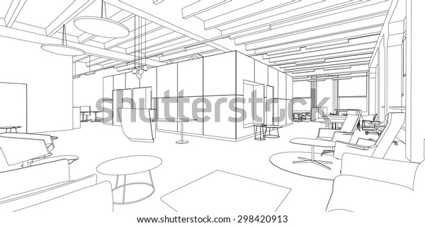 白い背景にオフィスの内部の線画 のベクター画像素材 ロイヤリティフリー