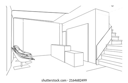 line drawing of office reception area,Modern design,3d rendering