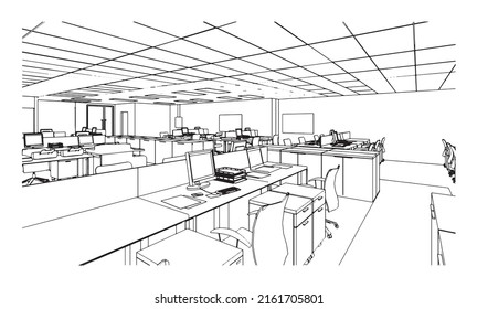 line drawing of office,Modern design,3d rendering