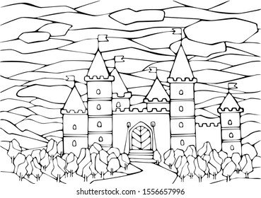 Line drawing old castle with bridge, forest and road on white background. Stylized sky and clouds. For coloring book pages. Isolated.