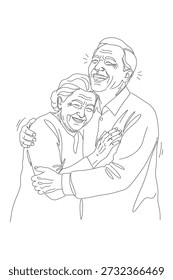line drawing of old couple hugging and laughing together