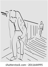 Line Drawing Of An Old Man Climbing Stairs