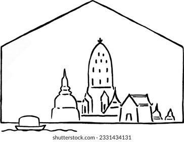 line drawing old temple in Ayutthaya