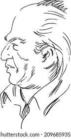 Line Drawing Of Older Balding Man In Profile. Black And White Sketch, Side View Of Man With Thinning Hair.