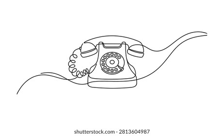 Line drawing of an oldfashioned rotary phone connected by a coiled wire cord