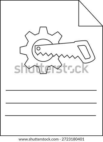 A line drawing on paper shows a saw cutting through a gear with 3 lines below a folded corner at the upper right