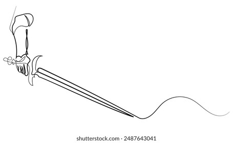 line drawing of one hand holding a sword.line art abstract fantasy story.single line of a fighter's hand with a sword