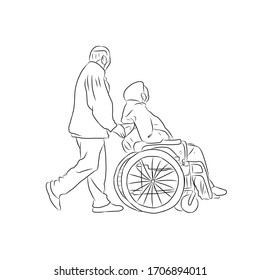 line drawing one man is pushing wheelchair for another man 