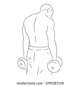 line drawing of one man stood up and held a dumbbell. line drawing man exercise in gym