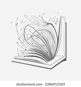 line drawing open book with flying pages. Vector illustration education supplies back to school theme. Open book creative imaginations.