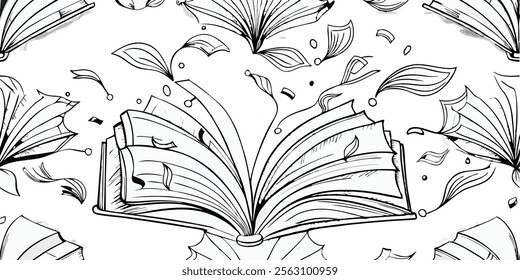 line drawing open book with flying page background