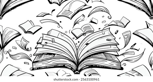 line drawing open book with flying page background