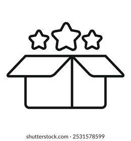 Line drawing of an open cardboard box with three five pointed stars above it, representing positive customer feedback and satisfaction