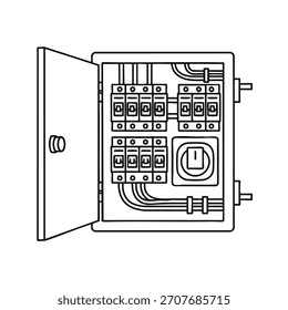 Line drawing of an open electrical panel with fuses and wiring inside, isolated on white.