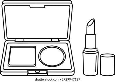 Um desenho de linha de uma caixa de maquiagem aberta com um batom e sua tampa ao lado, contendo compartimentos para cosméticos.