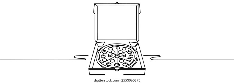 Desenho de linha abrindo uma caixa de pizza. Preparação e prazer da comida. Os melhores eventos culinários. Delicioso. Ilustração de vetor de design de desenho de linha única