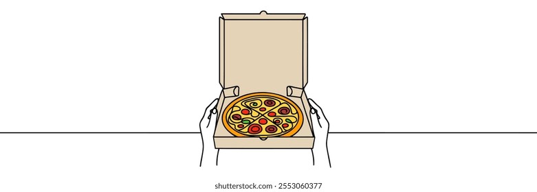Line drawing opening a box of pizza. Preparation and enjoyment of food. Fiest culinary events. Delicious. Single line draw design vector illustration