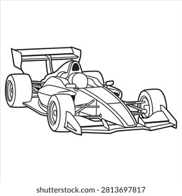 Line drawing of an open-wheel race car in action pose